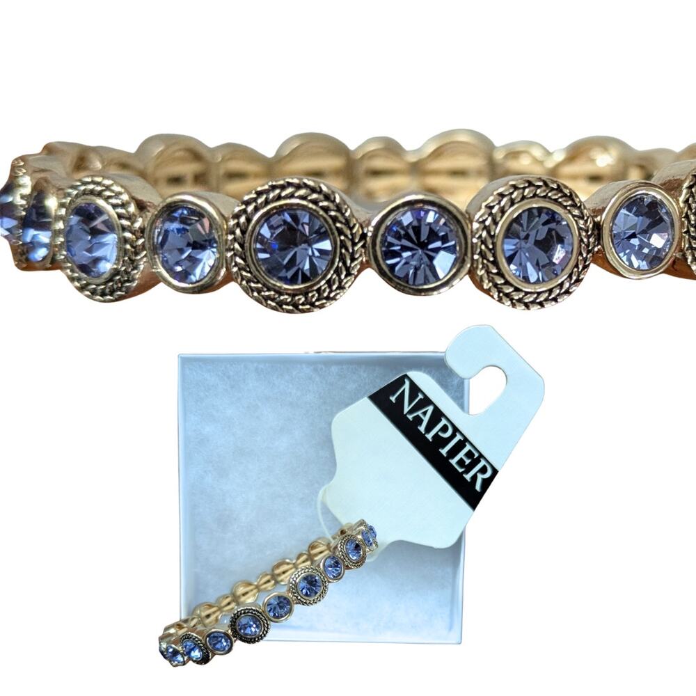 Napier Bracelet Blue Crystal Beaded Gold Tone Stretch Vintage Evening Style NEW